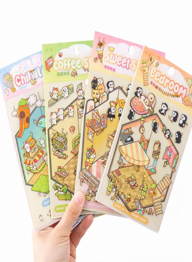 Palap TruGyft® DIY 3D House Stickers Pack of 4 with Tweezer - Cute Cartoon Scene Kits for Kids Small - Dream House-Coffe Shop, Panda Sweet Shop, Child Like, Penguin Bedroom - Image 2